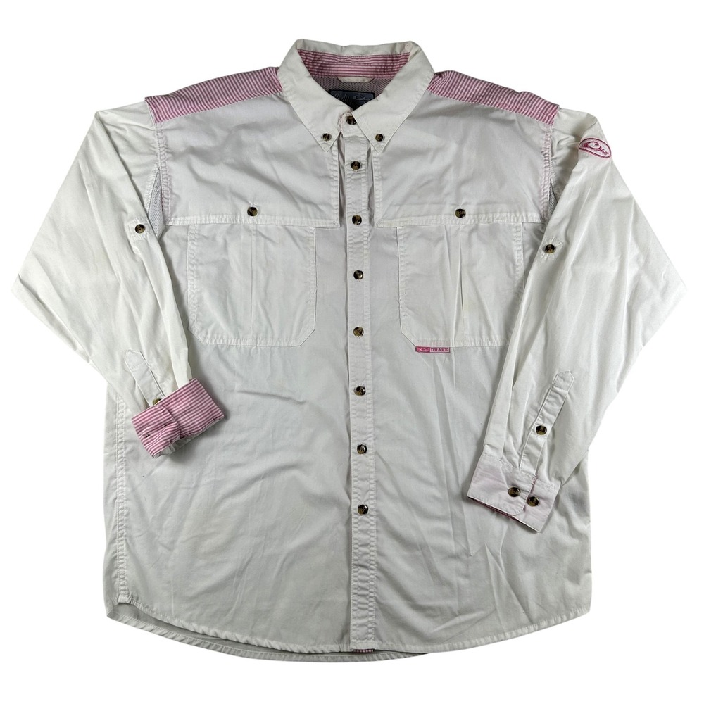 Drake Button Up Shirt Womens Large Hunting Vented Fishing Long Sleeve Top